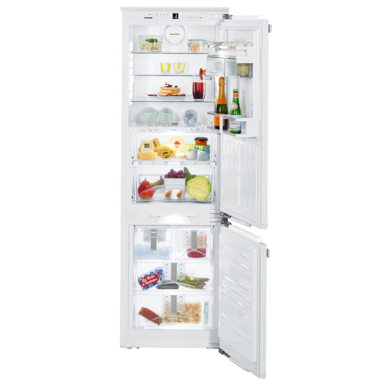 alul felül kinyított Liebherr ICBN 3386 Premium beépíthető feher kombinált hűtőszekrény