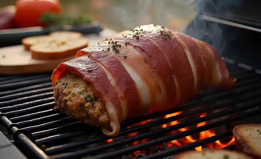 Baconba göngyölt pulykamell roston, fűszeres töltelékkel