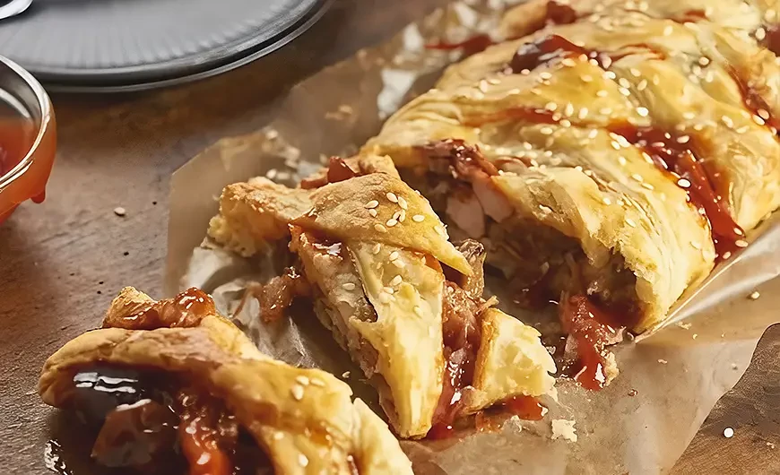 BBQ-s, omlós, illatos tépett sertés leveles tésztában 